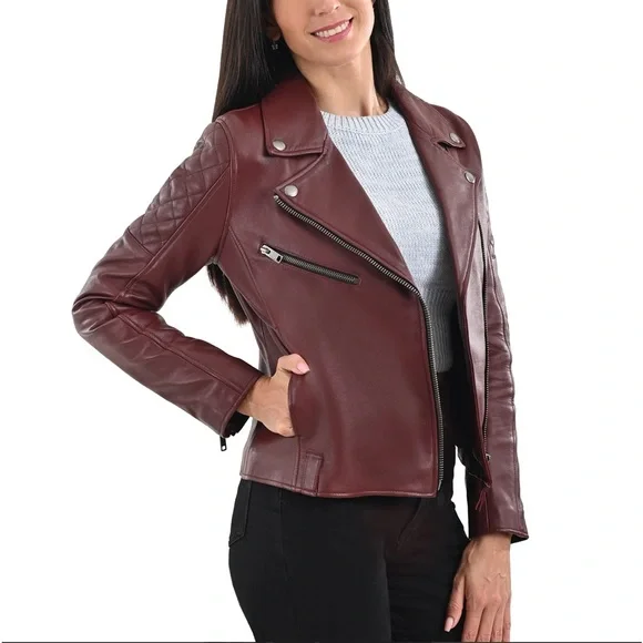 NWT Frye Womens Leather Biker Jacket dark red - Picture 2 of 13